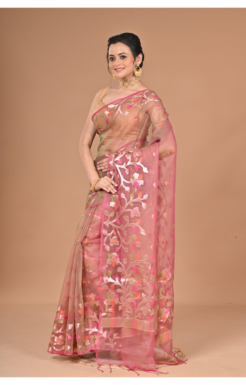 Morchari Semi Orzanga Jamdani Silk Saree-Mehendi | Grocsy