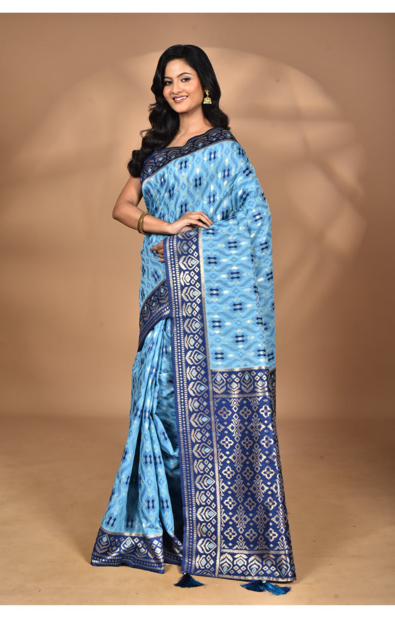 Morchari Women Desgin Kashmiri Silk Linen Saree-Blue | Grocsy