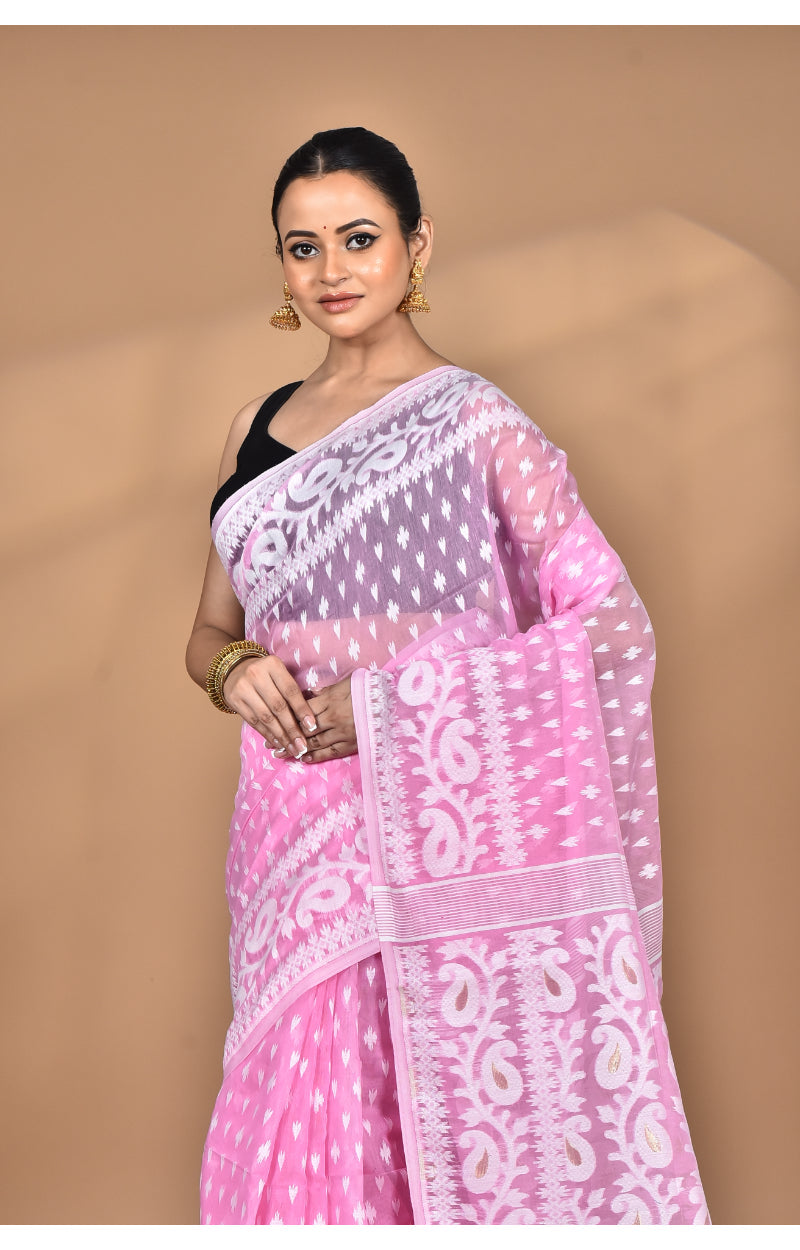 Morchari Pure Cotton Dhakai Jamdani Handloom Saree-Pink | Grocsy