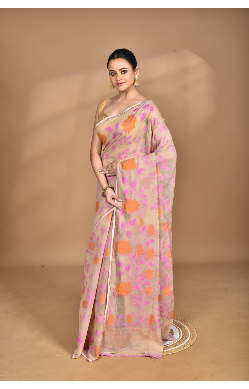 Morchari Pure Cotton Dhakai Jamdani Handloom Saree-Multi | Grocsy