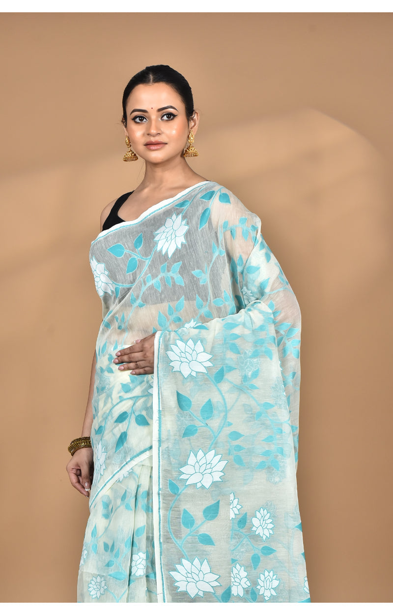 Morchari Pure Cotton Dhakai Jamdani Handloom Saree-Beige | Grocsy