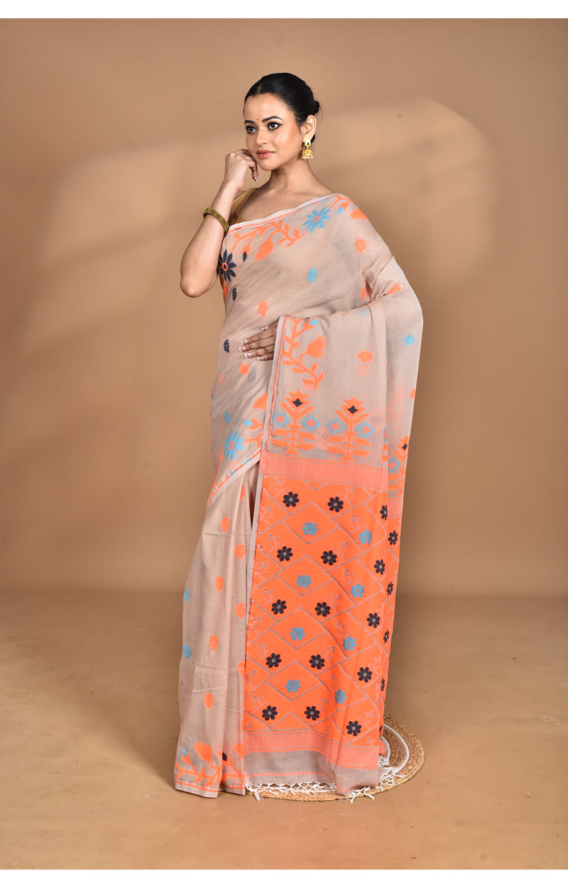 Morchari Pure Cotton Dhakai Jamdani Handloom Saree-Beige | Grocsy