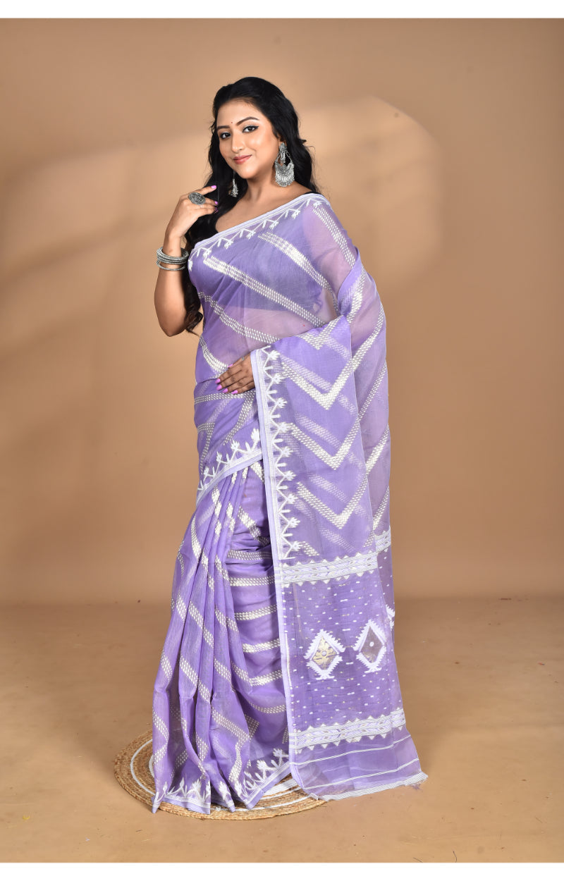 Morchari Pure Cotton Dhakai Jamdani Handloom Saree-Purple | Grocsy