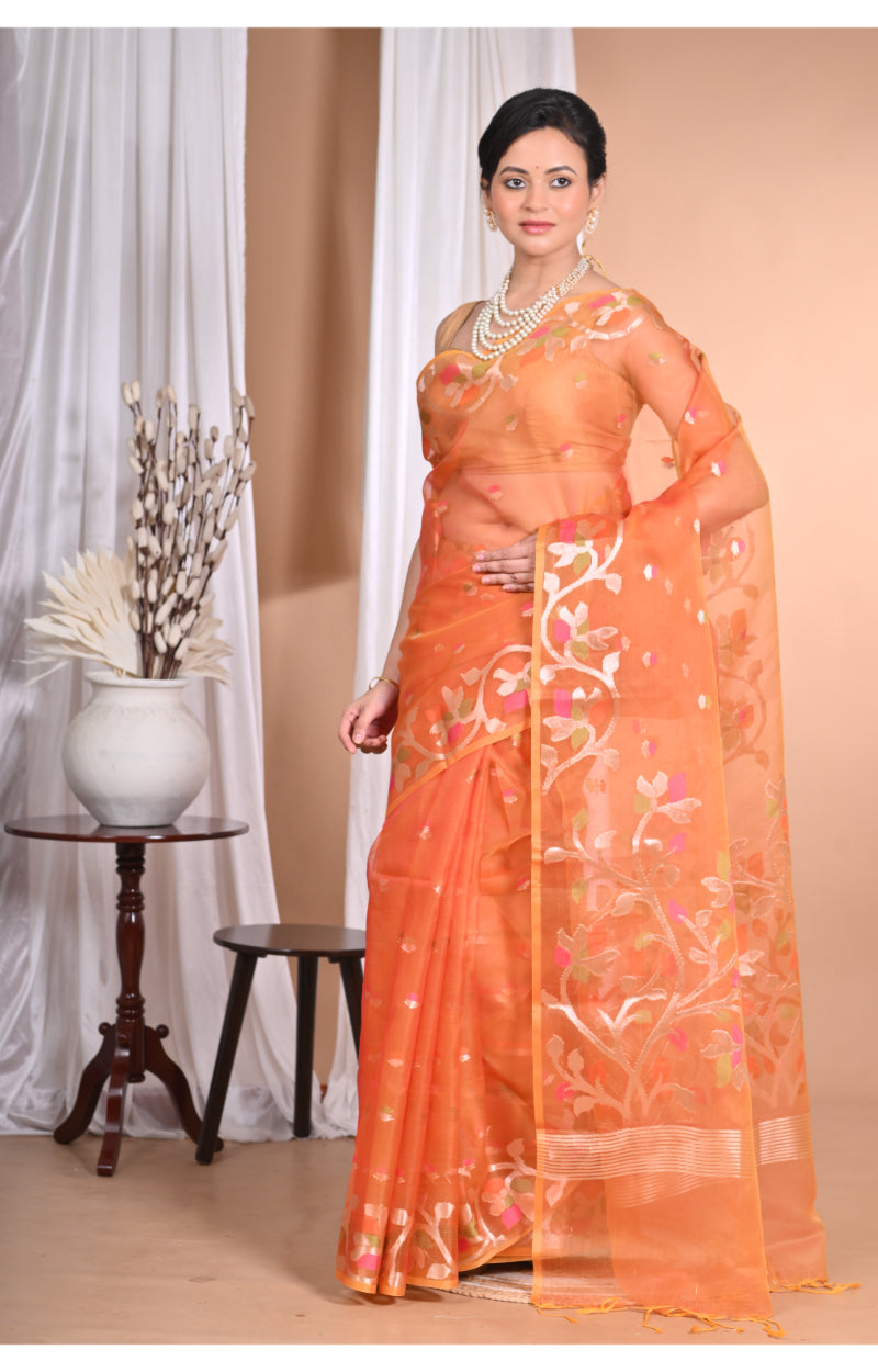 Morchari Heavy Jamdani Silk Orzanga Saree-Orange | Grocsy