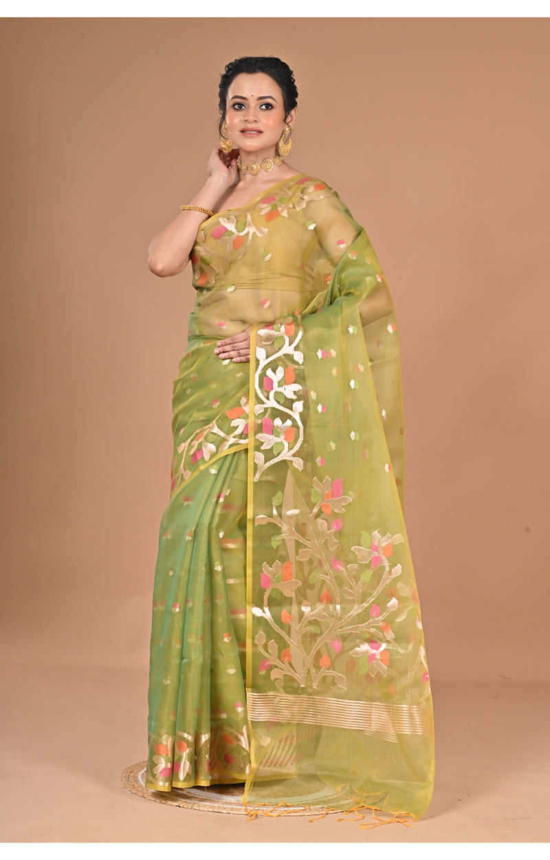 Morchari Heavy Jamdani Silk Orzanga Saree-Green | Grocsy