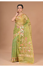 Morchari Heavy Jamdani Silk Orzanga Saree-Green | Grocsy