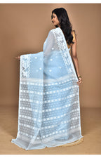 Morchari Pure Cotton Dhakai Jamdani Handloom Saree-Blue | Grocsy