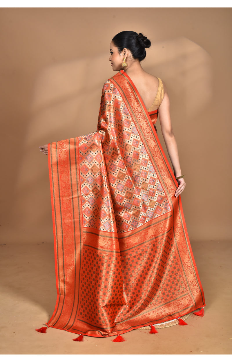 Morchari Rajputana Kanjiviram Silk Saree-Orange | Grocsy