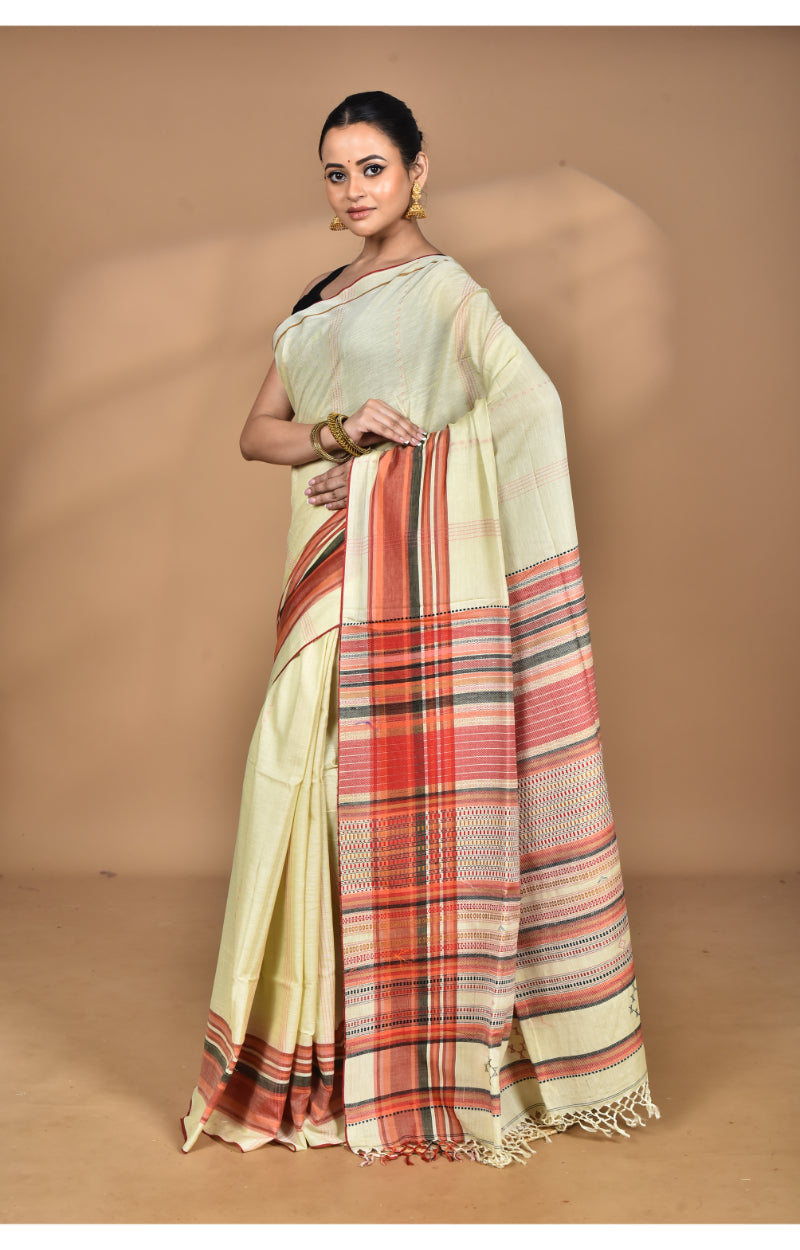 Morchari Pure Cotton Dhakai Jamdani Handloom Saree-Cream | Grocsy