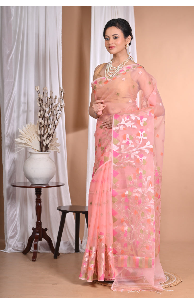 Morchari Heavy Jamdani Silk Orzanga Saree-Pink | Grocsy