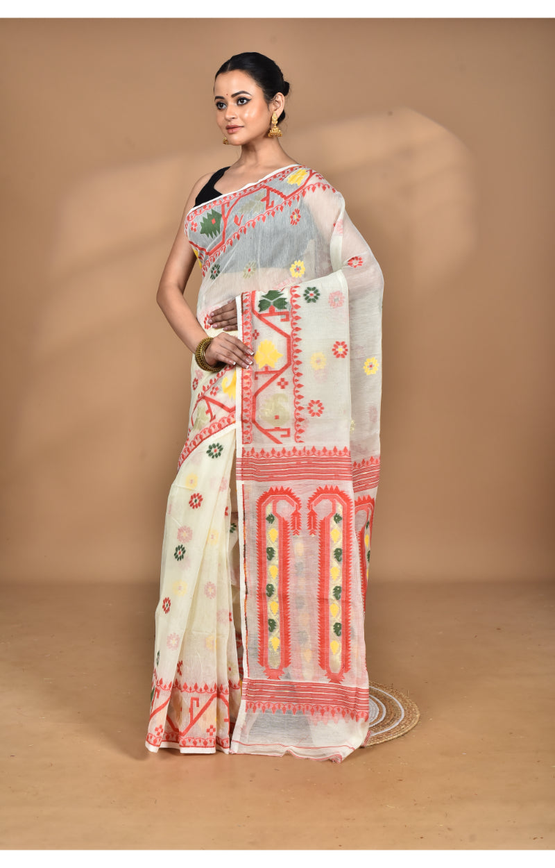Morchari Pure Cotton Dhakai Jamdani Handloom Saree-Cream | Grocsy