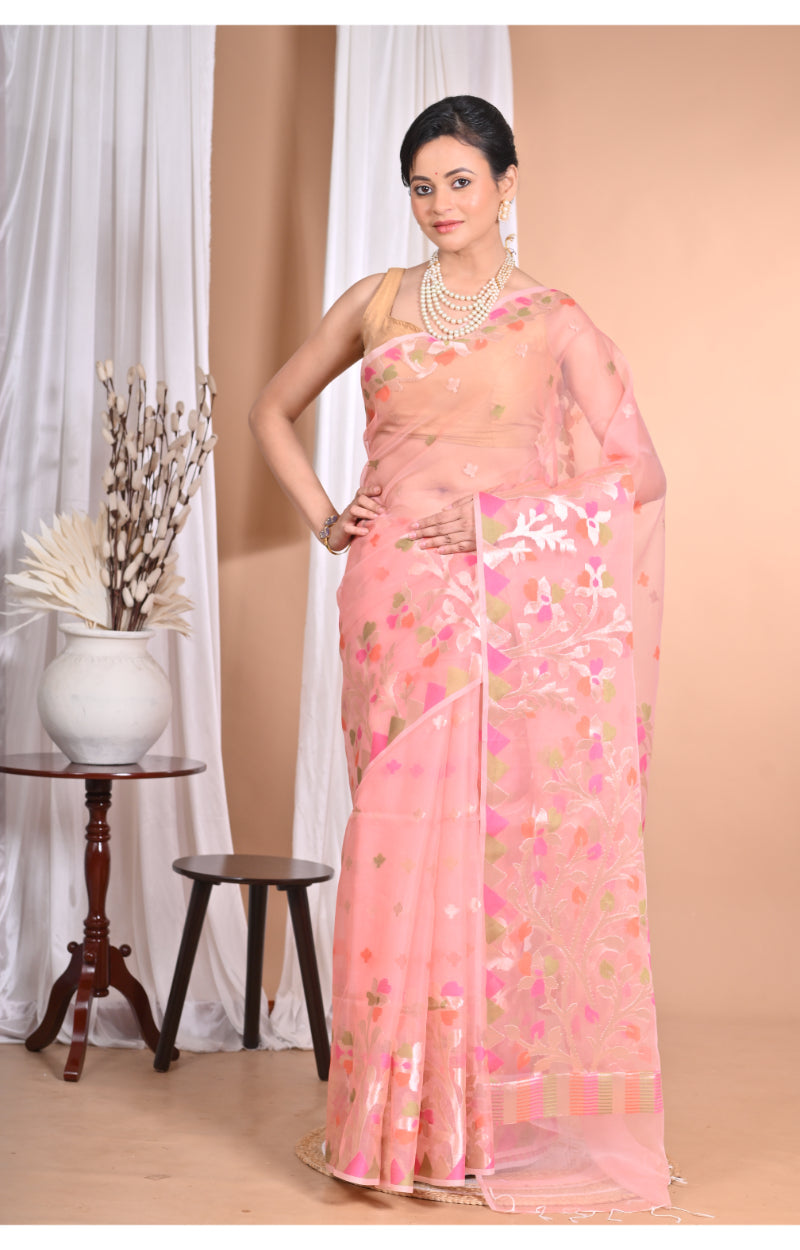 Morchari Heavy Jamdani Silk Orzanga Saree-Pink | Grocsy