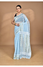 Morchari Pure Cotton Dhakai Jamdani Handloom Saree-Blue | Grocsy