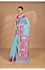 Morchari Pure Cotton Dhakai Jamdani Handloom Saree-Blue | Grocsy