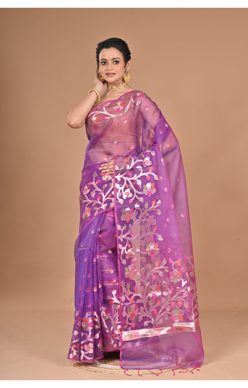 Morchari Semi Orzanga Jamdani Silk Saree-Purple | Grocsy