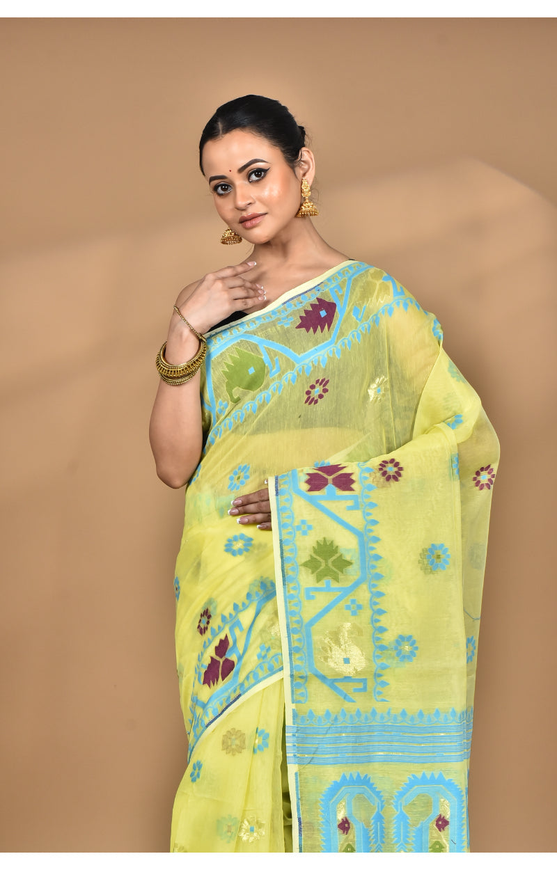 Morchari Pure Cotton Dhakai Jamdani Handloom Saree-Yellow | Grocsy