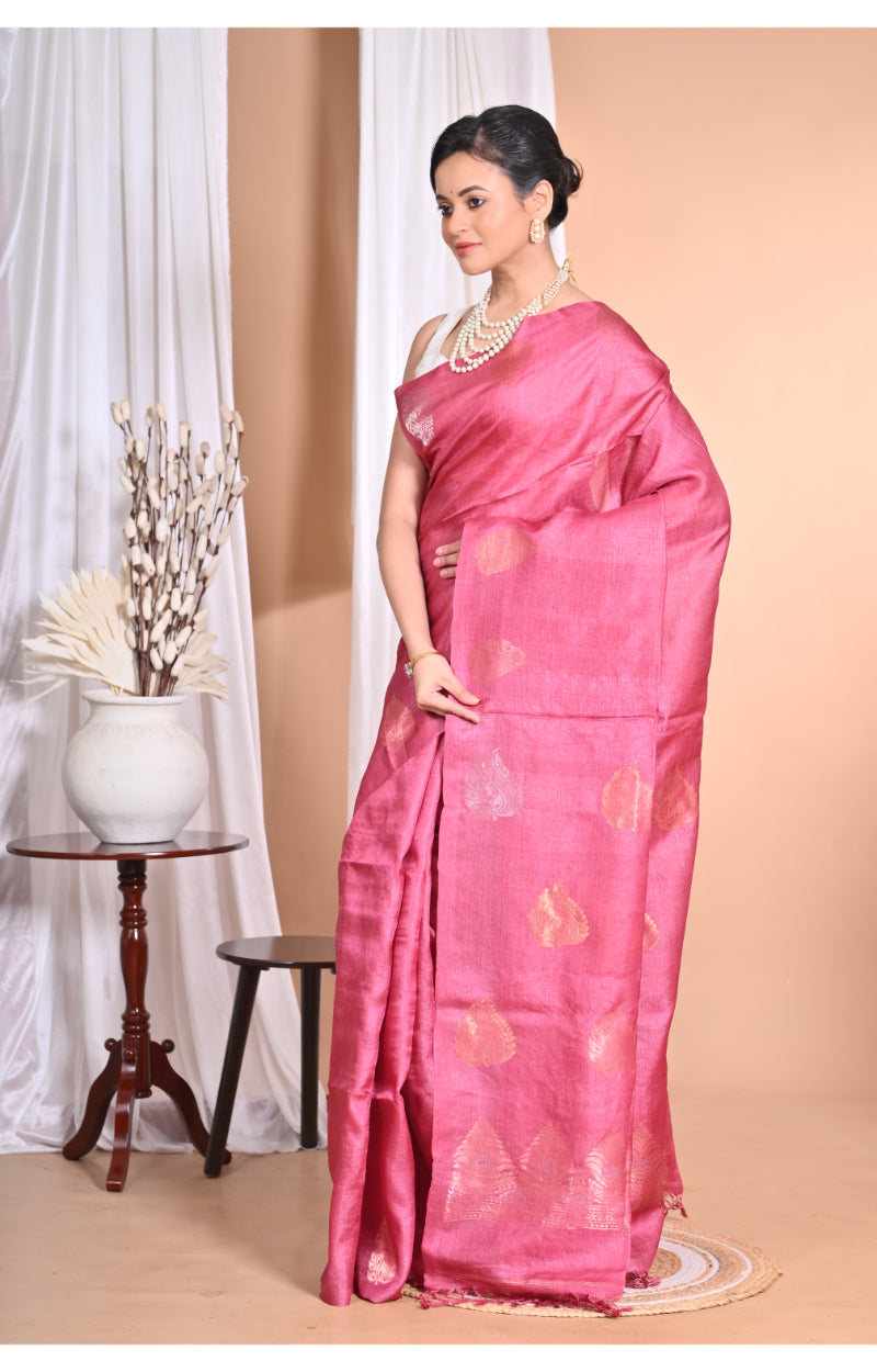 Morchari Pure Tussar Silk Handloom Saree-Pink | Grocsy