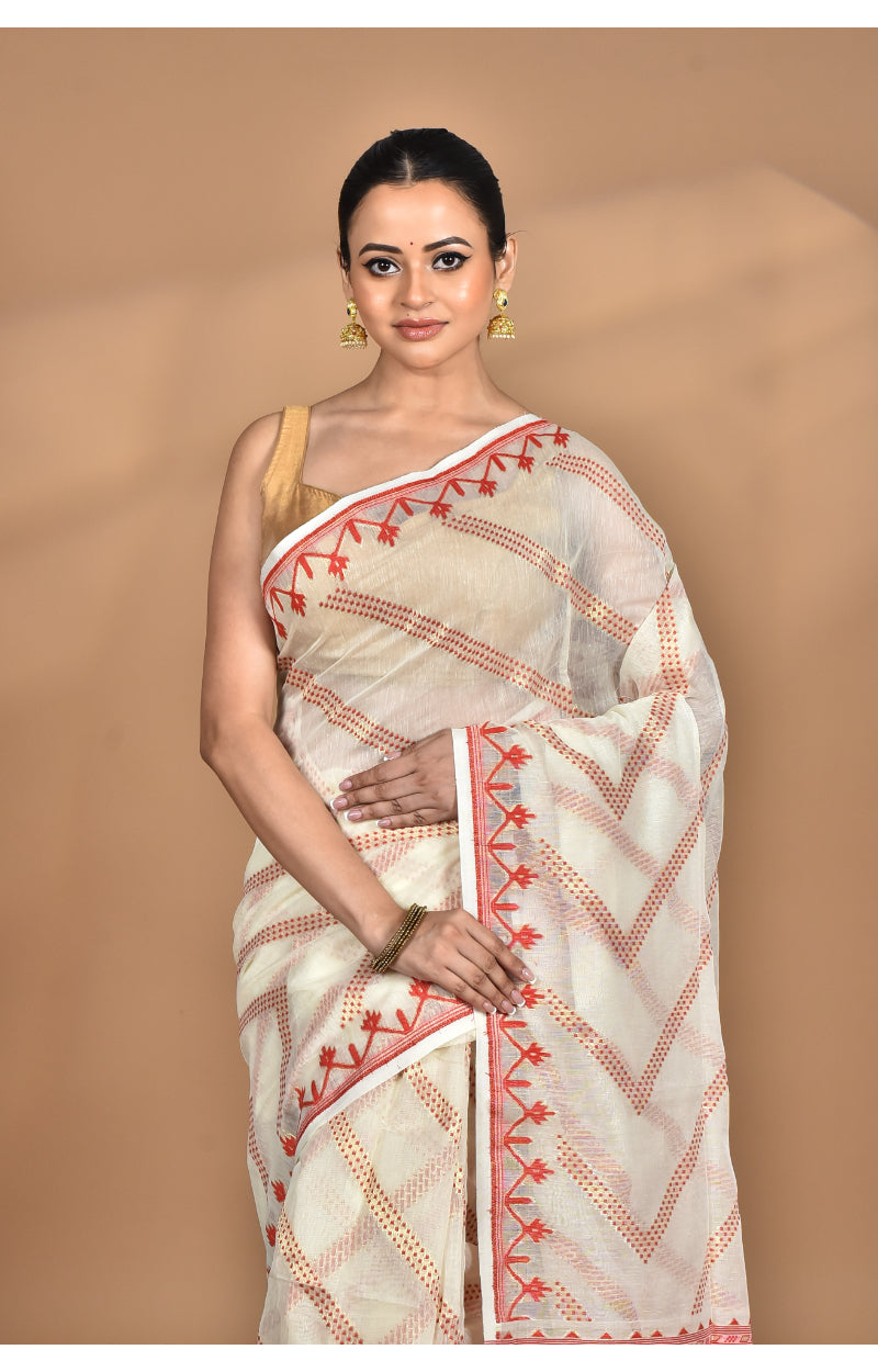 Morchari Pure Cotton Dhakai Jamdani Handloom Saree-Cream | Grocsy