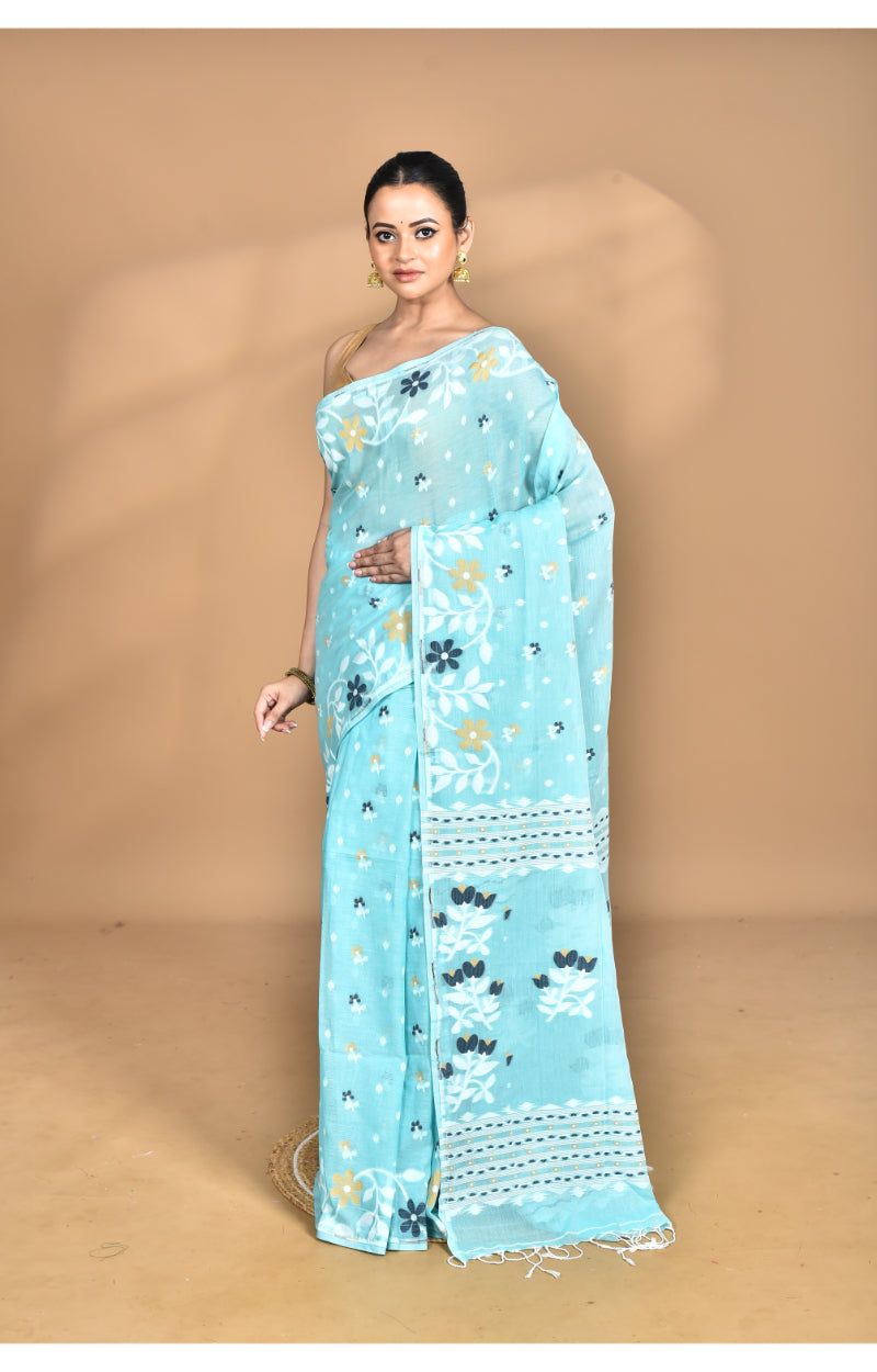 Morchari Pure Cotton Dhakai Jamdani Handloom Saree-Blue | Grocsy