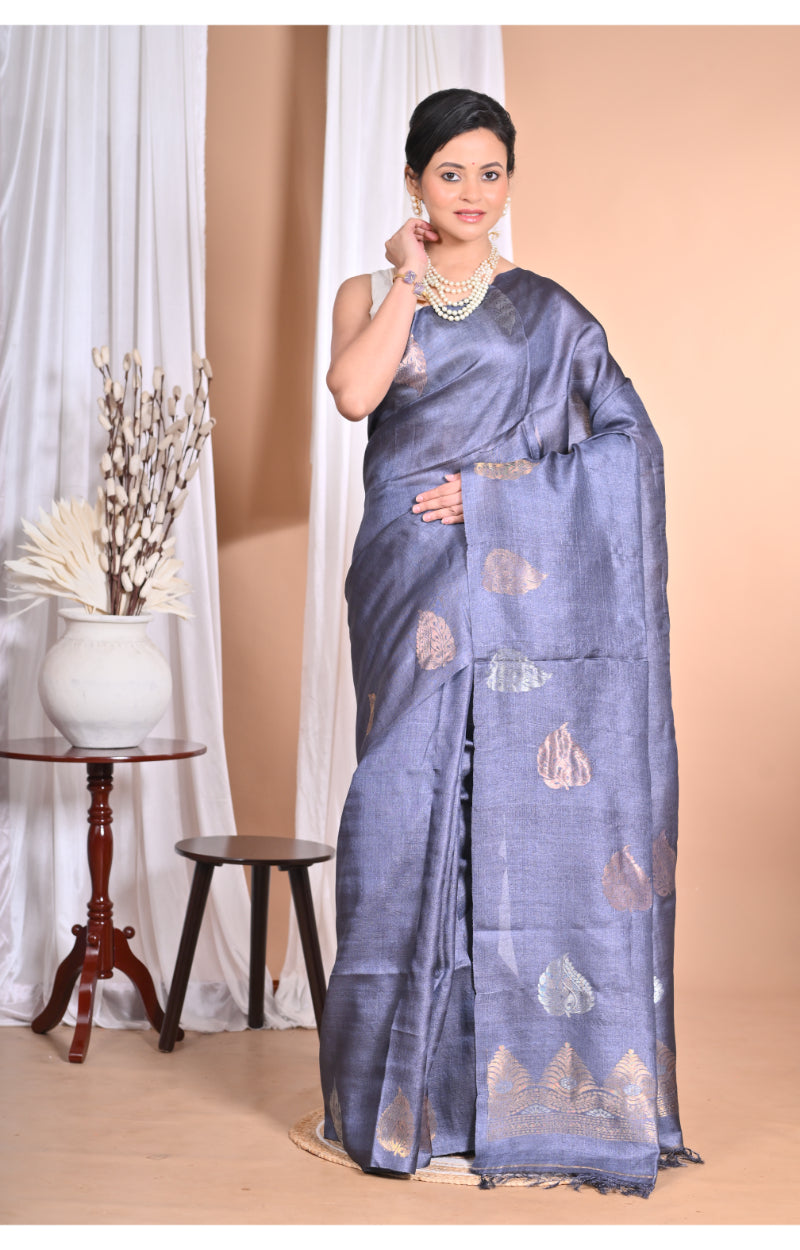 Morchari Pure Tussar Silk Handloom Saree-Grey | Grocsy
