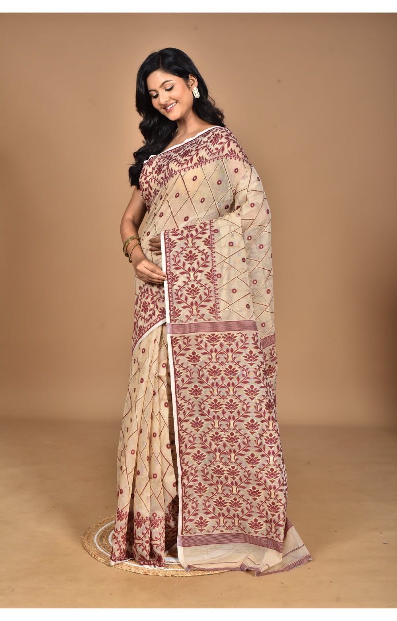 Morchari Pure Cotton Dhakai Jamdani Handloom Saree-Beige | Grocsy