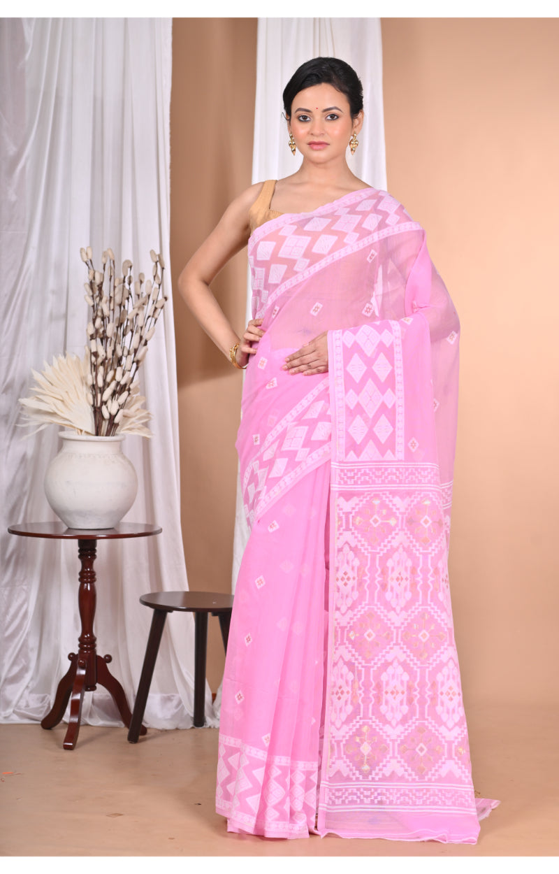 Morchari Pure Cotton Dhakai Jamdani Handloom Saree-Pink | Grocsy