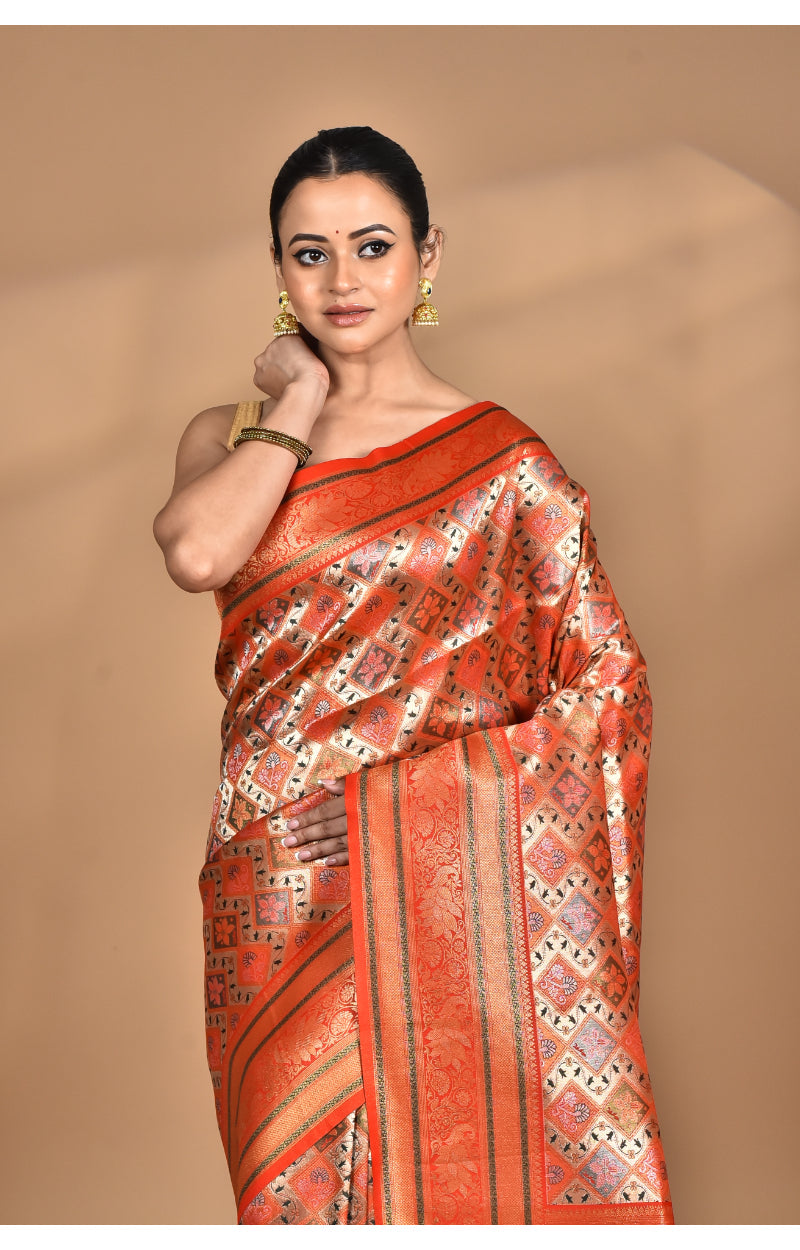 Morchari Rajputana Kanjiviram Silk Saree-Orange | Grocsy