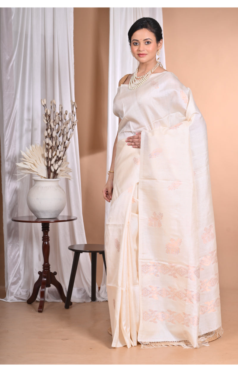 Morchari Pure Tussar Silk Handloom Saree-Cream | Grocsy