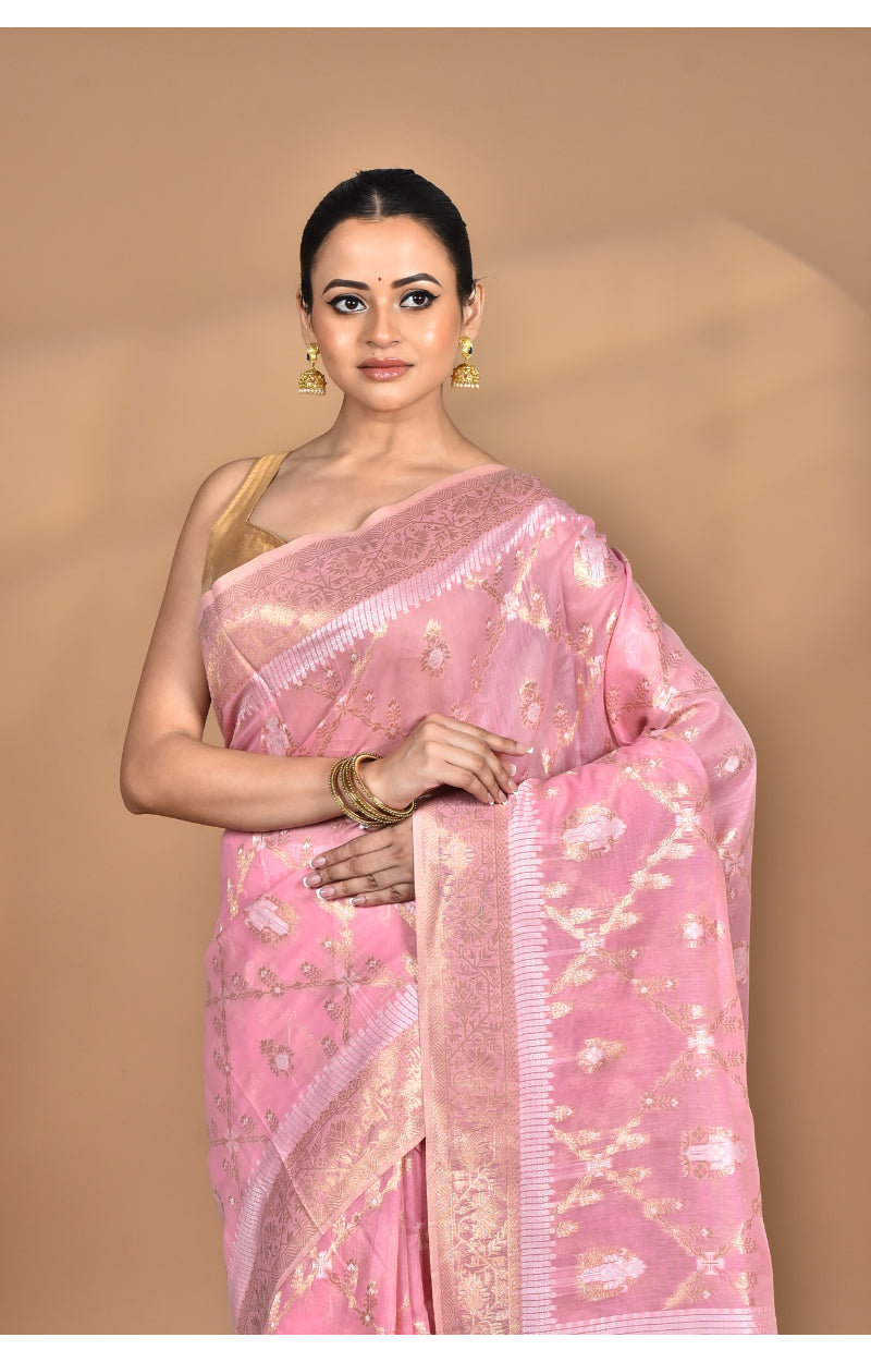 Morchari Banarasi Silk Chanderi Saree-Pink | Grocsy