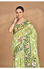 Morchari Pure Cotton Dhakai Jamdani Handloom Saree-Green | Grocsy