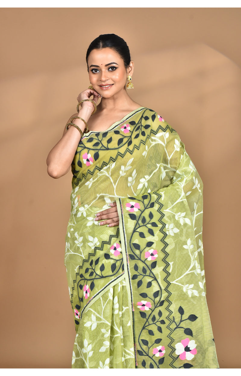 Morchari Pure Cotton Dhakai Jamdani Handloom Saree-Green | Grocsy