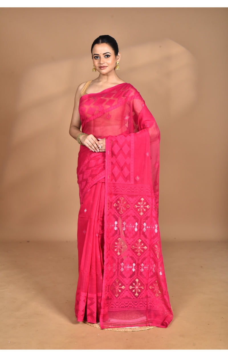Morchari Pure Cotton Dhakai Jamdani Handloom Saree-Pink | Grocsy