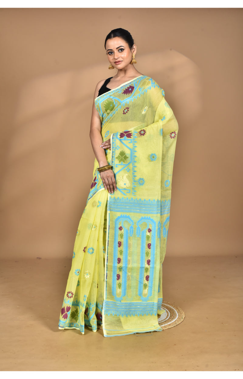 Morchari Pure Cotton Dhakai Jamdani Handloom Saree-Yellow | Grocsy