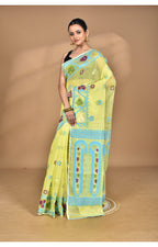 Morchari Pure Cotton Dhakai Jamdani Handloom Saree-Yellow | Grocsy