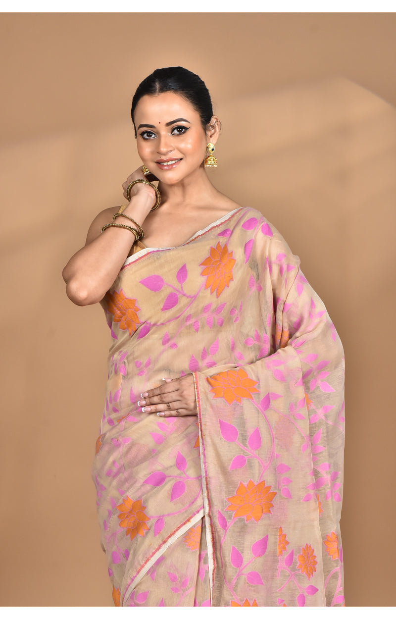 Morchari Pure Cotton Dhakai Jamdani Handloom Saree-Multi | Grocsy