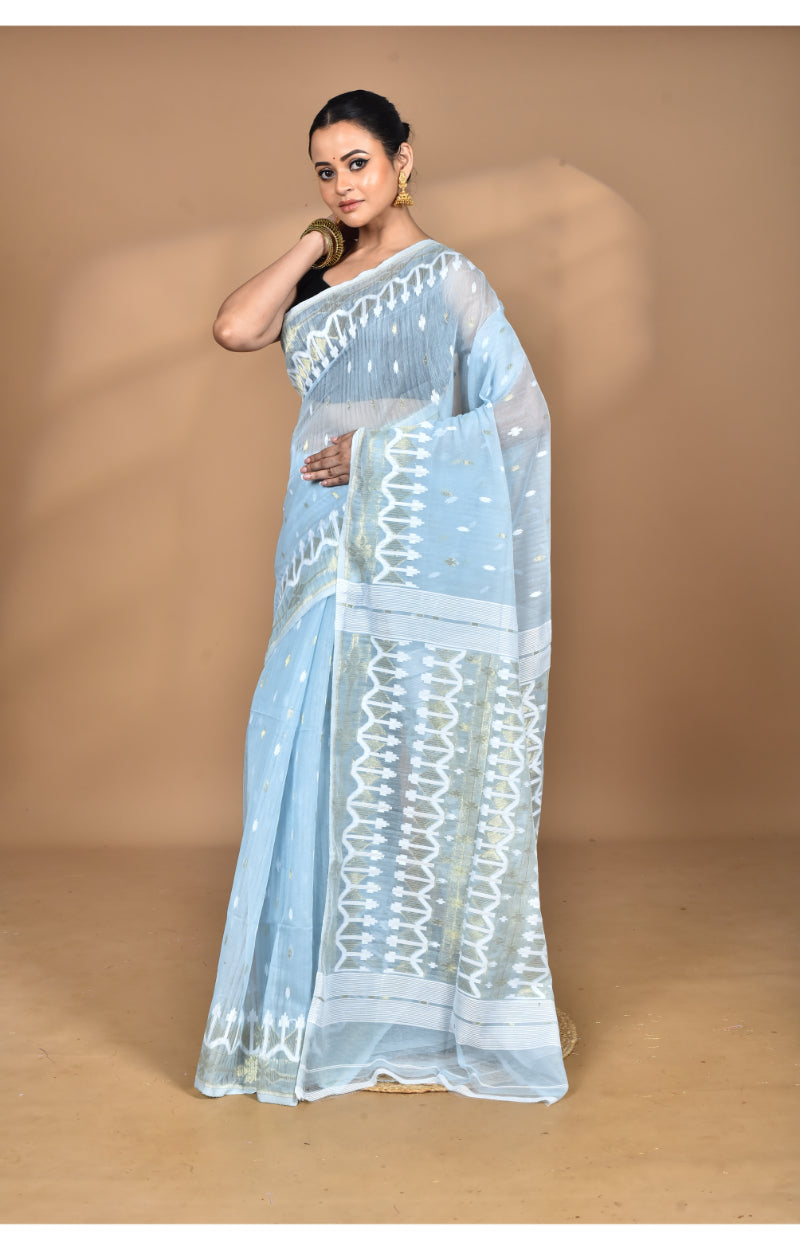 Morchari Pure Cotton Dhakai Jamdani Handloom Saree-Blue | Grocsy