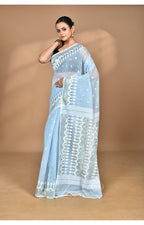 Morchari Pure Cotton Dhakai Jamdani Handloom Saree-Blue | Grocsy