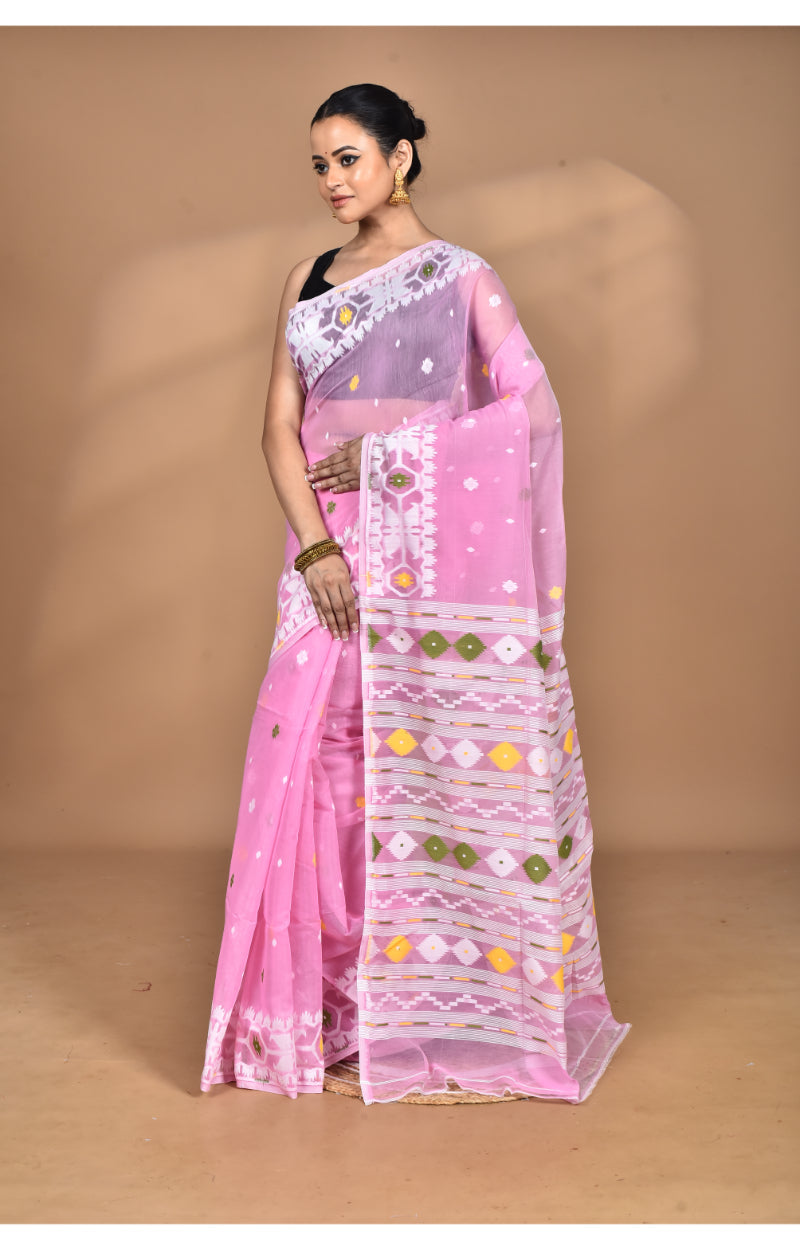 Morchari Pure Cotton Dhakai Jamdani Handloom Saree-Pink | Grocsy