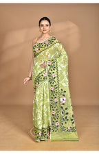 Morchari Pure Cotton Dhakai Jamdani Handloom Saree-Green | Grocsy