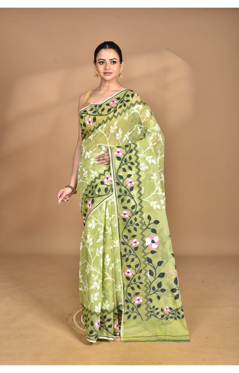Morchari Pure Cotton Dhakai Jamdani Handloom Saree-Green | Grocsy