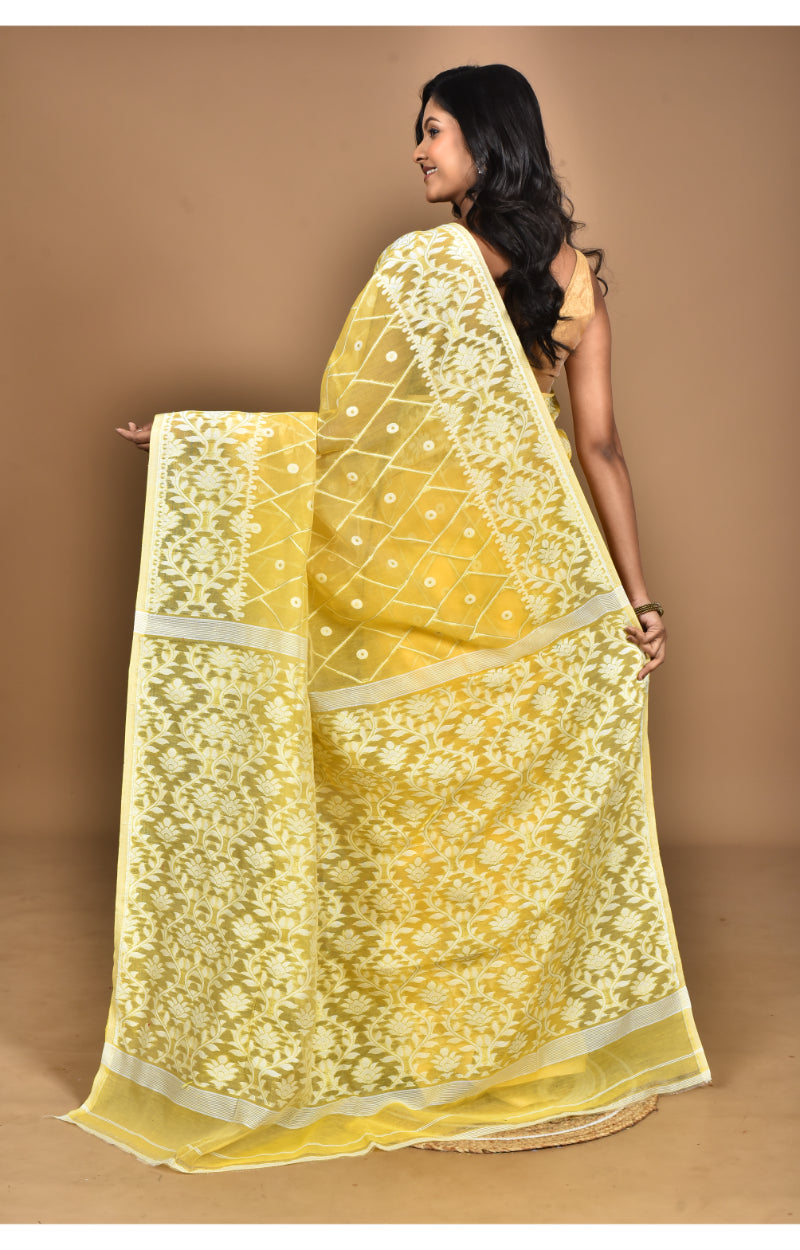 Morchari Pure Cotton Dhakai Jamdani Handloom Saree-Yellow | Grocsy