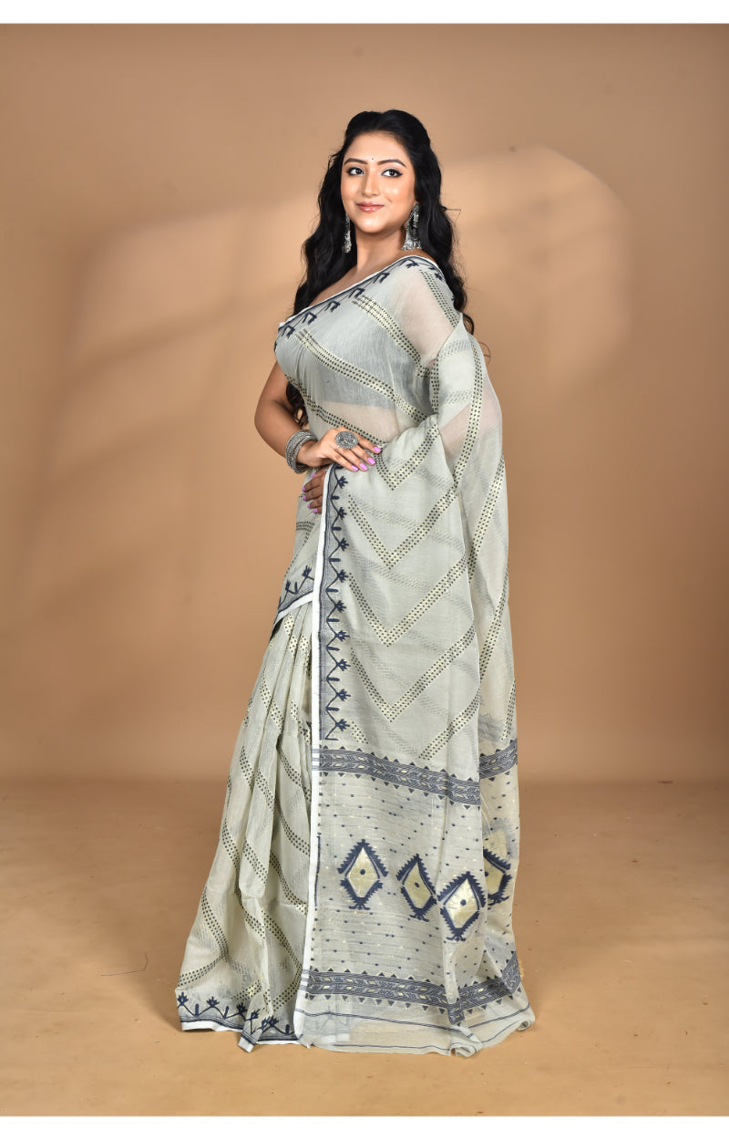 Morchari Pure Cotton Dhakai Jamdani Handloom Saree-Grey | Grocsy
