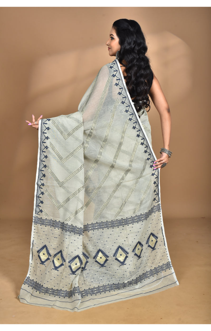 Morchari Pure Cotton Dhakai Jamdani Handloom Saree-Grey | Grocsy