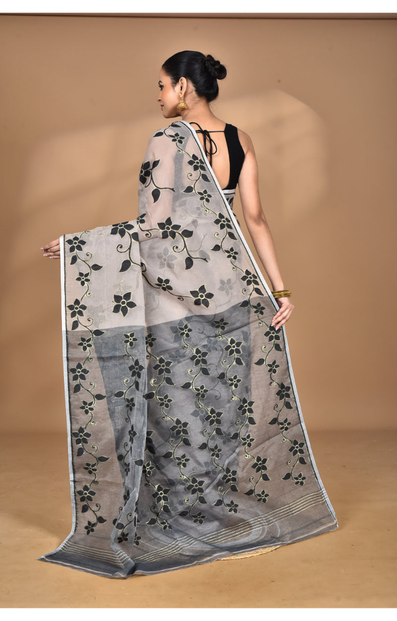 Morchari Pure Cotton Dhakai Jamdani Handloom Saree-Beige | Grocsy