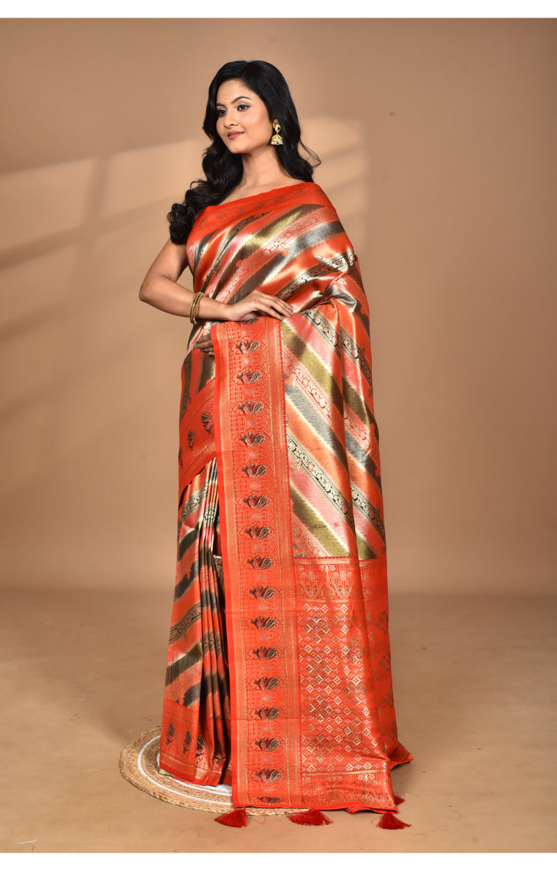 Morchari Ethnic Motifs Silk Blend Dharmavaram Saree-Orange | Grocsy