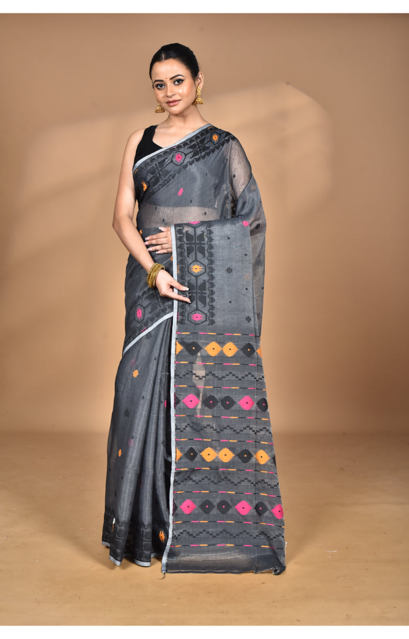 Morchari Pure Cotton Dhakai Jamdani Handloom Saree-Grey | Grocsy