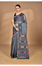 Morchari Pure Cotton Dhakai Jamdani Handloom Saree-Grey | Grocsy