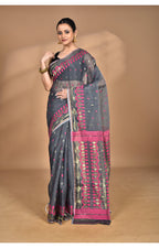 Morchari Pure Cotton Dhakai Jamdani Handloom Saree-Grey | Grocsy