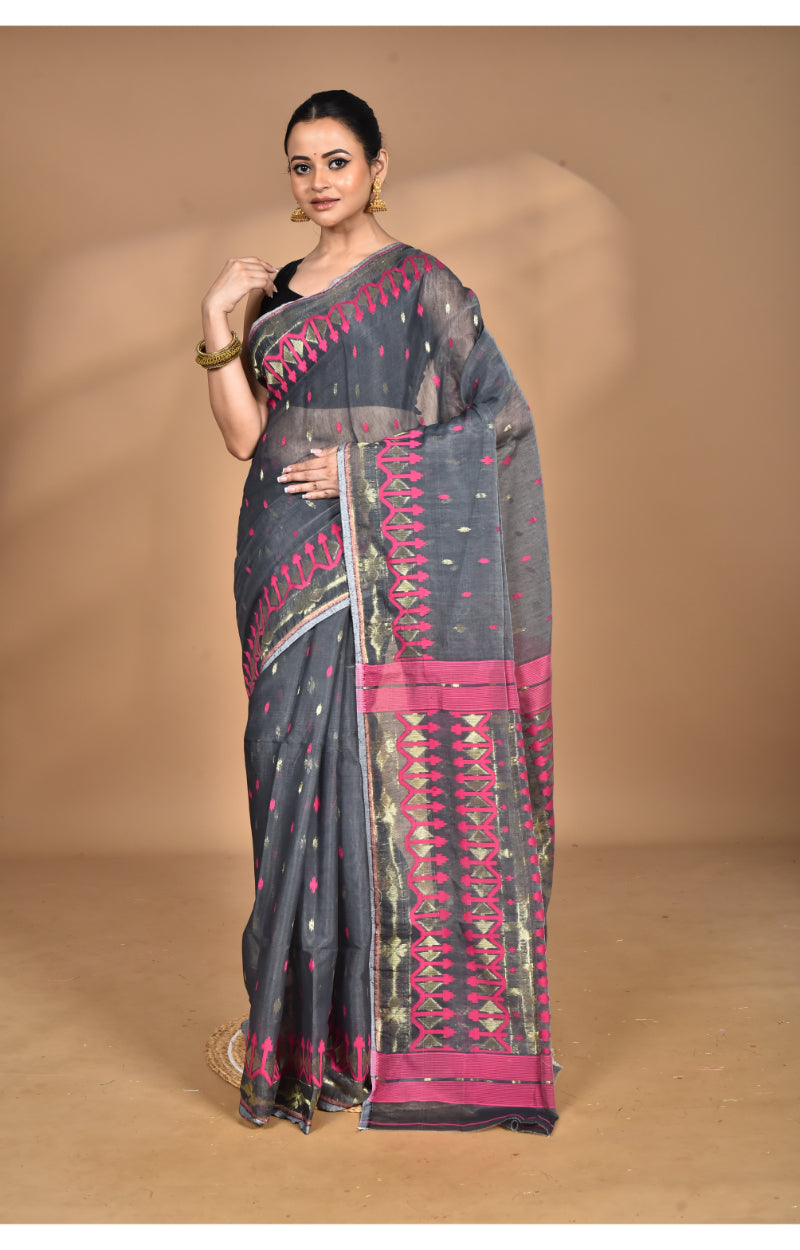 Morchari Pure Cotton Dhakai Jamdani Handloom Saree-Grey | Grocsy