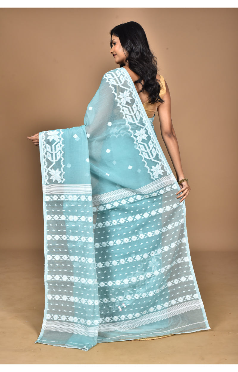 Morchari Pure Cotton Dhakai Jamdani Handloom Saree-Turquoise Blue | Grocsy